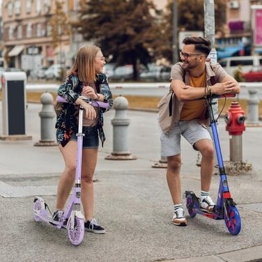 Самокат трюковий Kickscooter LED-ліловий, колеса 200мм, для дітей 8-12 років та дорослих, з дисковими гальмами та подвійною амортизацією, складаний, з ременем для перенесення