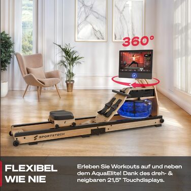 Гребний тренажер Sportstech AquaElite: водяний, складаний, з LED-дисплеєм 21.5' та обертовим резервуаром, екологічне дерево FSC®