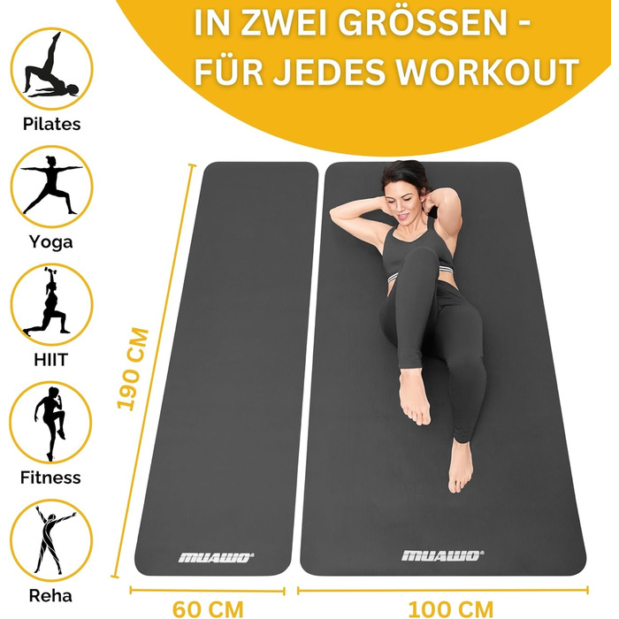 Килимок для тренувань Muawo Premium: фітнес, йога, гімнастика | Нековзний | Товстий та довгий (190 x 100 x 1,5 см) | Сірий