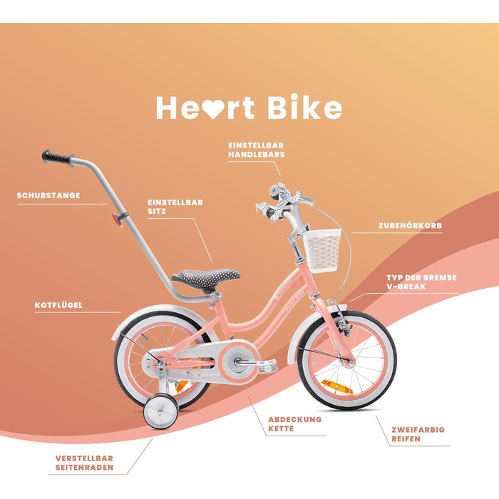 Дитяче велосипед Sun Baby Heart Bike 14 дюймів для дівчаток 2-6 років, знімний ручка-штовхач, кольоровий (Абрикос)