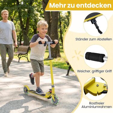 Дитячий ролер GOPLUS Roller Kinder 4 роки з LED-колесами, гальмом на задньому колесі та підніжкою, регульована висота, легкий алюмінієвий, складний, до 70 кг (жовтий)