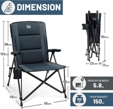 Крісло для кемпінгу Timber Ridge, складне, з високою спинкою XXL, 150 кг, широке сидіння 55 см, з підлокітником, для кемпінгу, саду, балкону