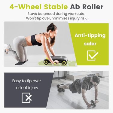 Ролер для пресу Wonder Core Slide Fit з 4 колесами, автоматичний відкат, тренажер для пресу, фітнес-ролер Heroboard з наколінниками (зелений)