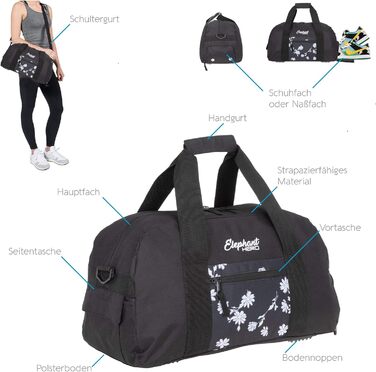 Жіноча спортивна сумка Elephant Signature з відділенням для взуття 47 см + набір для манікюру Black Flower (чорна з квітами)