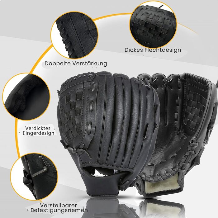 Рукавиця для бейсболу та софтболу Rechte Hand (12.5 дюймів, чорна) - для дорослих, тренувальна/змагальна, потовщена, міцна