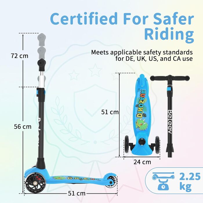 Дитячий самокат BELEEV з LED-колесами для дітей від 2 до 6 років, 3-колісний, регульована висота, система Lean-to-Steer, до 50 кг, синій
