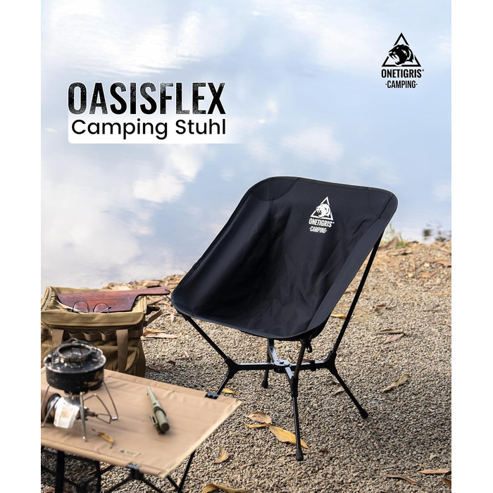 Складаний кемпінговий стілець OneTigris OASISFLEX, ультралегкий похідний стілець до 150 кг з двома бічними кишенями для туризму та outdoor (чорний)