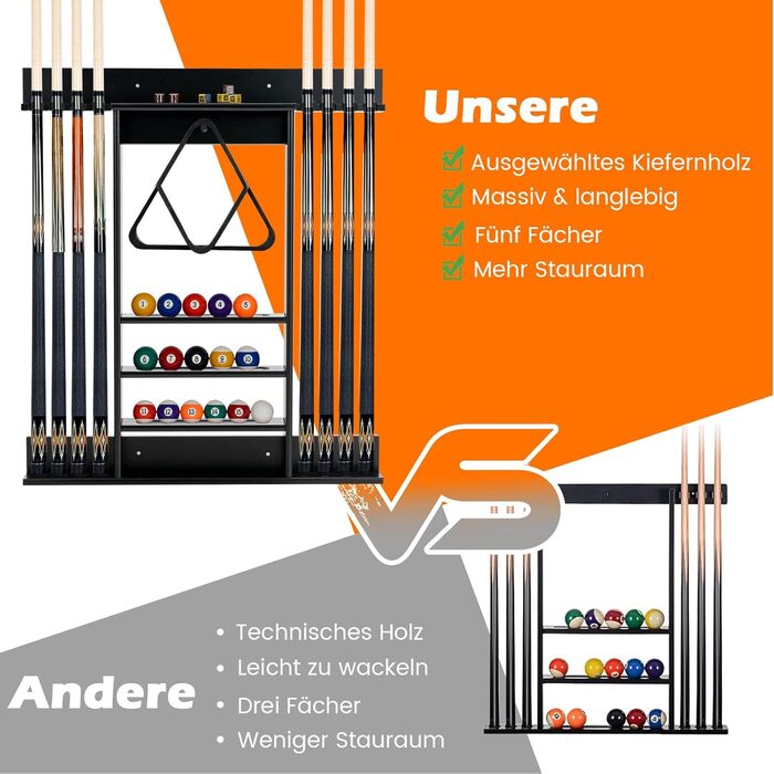 Підставка для більярних київ COSTWAY на стіну, для 8 київ, 15 куль та підставки для куль, з натурального дерева (чорна)