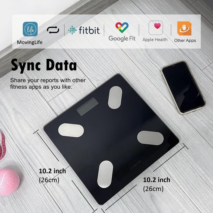 Вага NUTRI FIT для вимірювання жиру в тілі, розумна персональна вага з цифровим дисплеєм, вимірювання BMI, жиру, м'язів, води, склад тіла, LCD-дисплей, 150 кг, 26x26 см, чорний