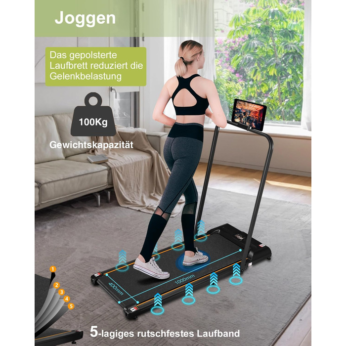 Біговий доріжка з нахилом для дому, складаний електричний walking pad з пультом дистанційного керування, Bluetooth та керуванням через додаток, подвійним амортизатором, без необхідності збирання