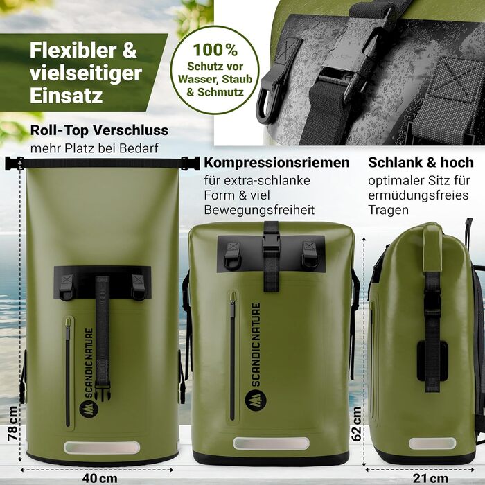 Водонепроникний рюкзак Scandic Nature Pioneer з ролтоп закриттям 35L/55L, чорний, жовтий, оливково-зелений - надміцний завдяки дну з 1000D PVC тканини, водонепроникний чохол для телефону IPX8, 35 літрів
