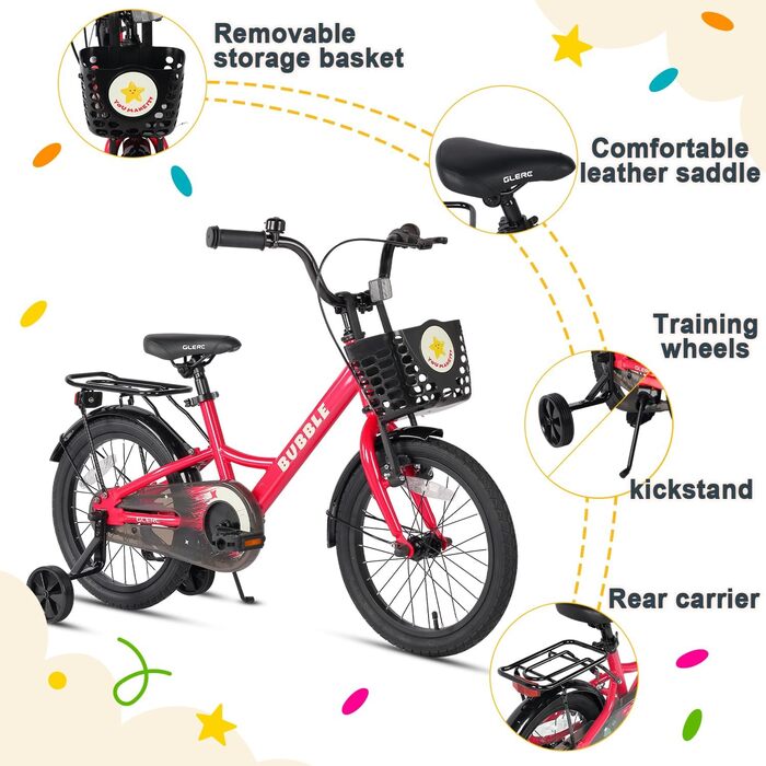 Дитяче велосипед Glerc Bubble 12/14/16 дюймів для хлопчиків та дівчаток 3-8 років з корзиною та стабілізаторами, різні кольори (рожевий, 14 дюймів)