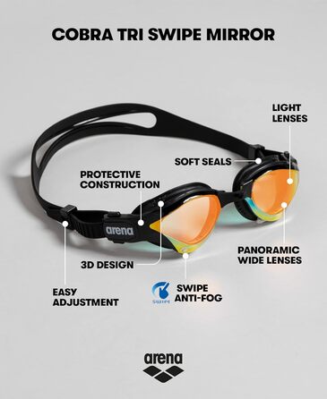 Окуляри для плавання Arena Cobra Ultra Swipe Mirror з дзеркальними лінзами, антифог, UV-захист, унісекс, для дорослих, жовто-мідні, 5 змінних перенісся