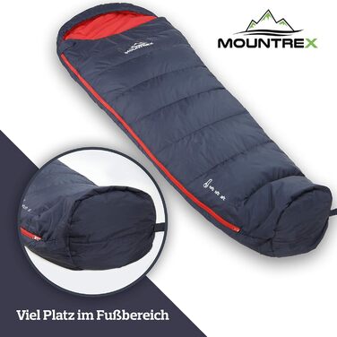 Сплячий мішок MOUNTREX® - Легкий та компактний (760г/1500г) - Outdoor літній спальний мішок (100GSM) / 3-4 сезони (300GSM) - Мумієвидний спальний мішок для кемпінгу, подорожей, фестивалів – Теплий та з'єднуваний (Темно-синій/Червоний, 3 сезони - 1500г (RV Праворуч))
