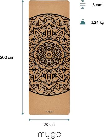 Йога мат Myga XL Kork: 200x70 см, 6 мм, з натуральної кори, протиковзаюча, для йоги, пілатесу, медитації та фітнесу. Малюнок мандала