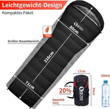 Спальний мішок пуховий зимовий, 600FP+ Premium, 12°C - -24°C, легкий та теплий, 3-4 сезони, для кемпінгу, трекінгу, чорний