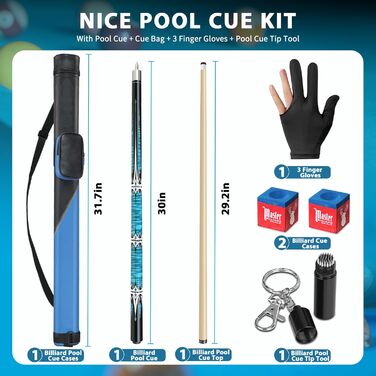 Професійний більярдний кий Bvrocio з кейсом, комплект: кий з акації, чохол, рукавички, вентилятор, крейда, 13 мм наконечник, 147.3 см, 540 г