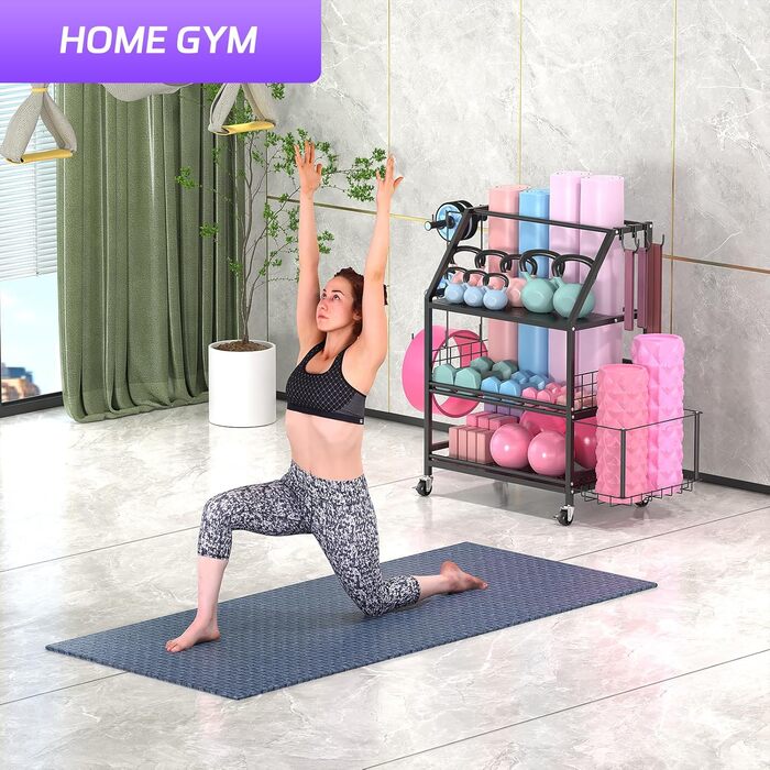 Стійка для гантелей та гир, домашній спортзал, чорна. З гачками та коліщатками. Підходить для гантелей, гир, йога-матів та роликів.