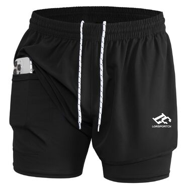 Чоловічі бігові шорти 2 в 1, спортивні шорти для занять у залі, на вулиці, для марафону, тренувань. З вбудованою кишенею та петлею для рушника. Чорний колір, розмір L