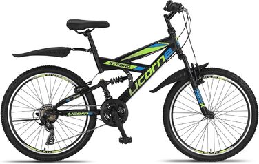 Гірський велосипед Licorne Bike PREMIUM Strong V 24 дюйми, 21 швидкість, повна амортизація, чорний/синій/лайм, для хлопців, дівчат, жінок і чоловіків