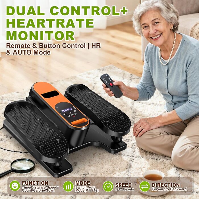 Електричний еліптичний тренажер для дому під стіл з пультом дистанційного керування, дисплеєм, 12 швидкостей, тихий та портативний степер для літніх людей, підлітків та дорослих.