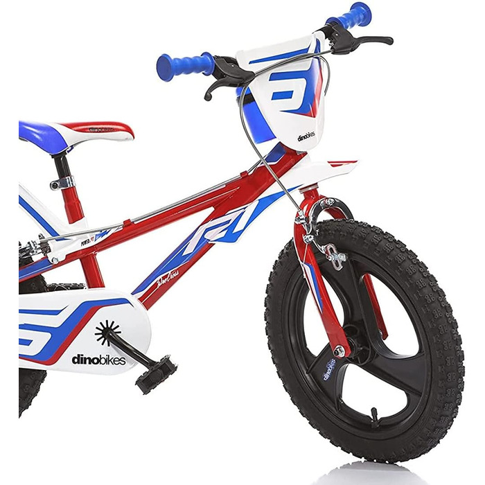 Дитячий велосипед Dino Bikes 14 дюймів для хлопчиків з ручними гальмами, допоміжними колесами, червоно-синьо-білий