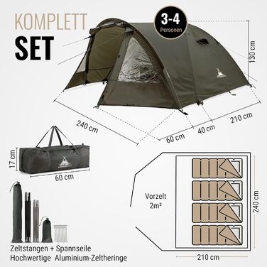 Намет WANDERFALKE® для 2-4 особи, водонепроникний (4000 мм), ультралегкий, з невеликим об'ємом у складеному стані. Сімейний намет з тамбуром для кемпінгу, подорожей, риболовлі. Підходить для теплої та холодної погоди (CAMP 4)