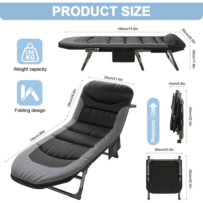 Кемпінгове ліжко AlpineAura - широке, складне, 190x65x30 см, 6 положень, для відпочинку на природі, чорне