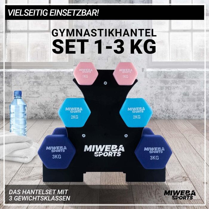 Набір гантелей Miweba Sports NKH120 неопрено-вініловий, 1/2/3 кг, гексагональні, з підставкою, рожеві/бірюзові/сині