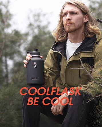 Термос-бутилка Coolflask 2 л з нержавіючої сталі з PU-чохлом, ізольована пляшка для води з кришкою та трубочкою, тримає холод 48 годин і тепло 24 години, чорна Polar