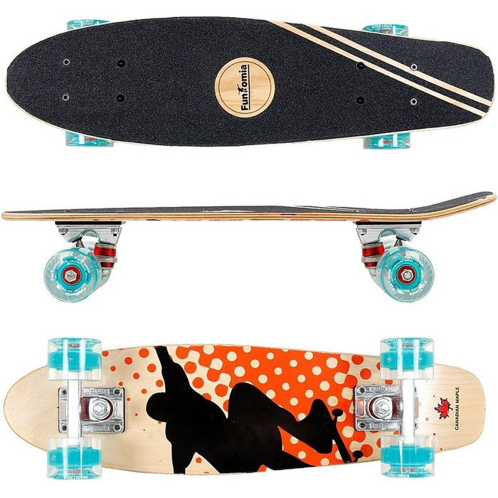 Скейтборд FunTomia Mini-Board Cruiser 57 см з 7-шарового канадського клена, підшипники Mach1 ABEC-9, помаранчевий, з LED колесами Petrol