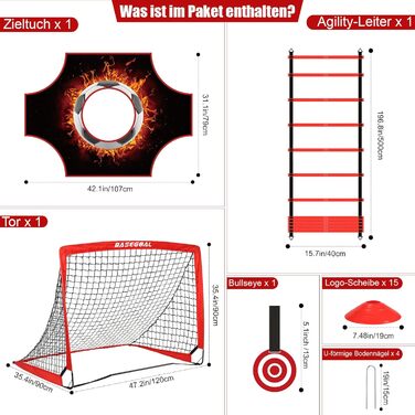 Набір для тренування футболу Kinder 3 в 1 з мішенню, ціллю та сумкою, складані воріта для занять в приміщенні, на вулиці та в саду - 120x90x90 см (Червоний+Тренер)