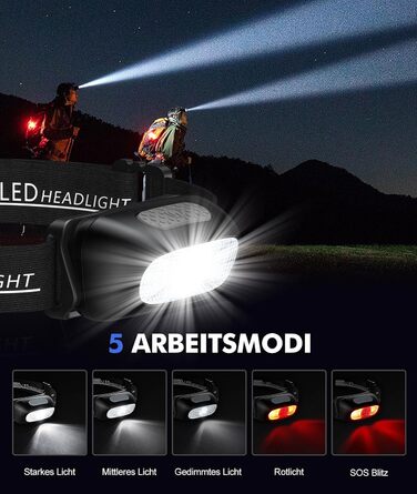 Налобний ліхтар LED, 2 шт. - перезарядна суперяскрава модель з 5 режимами, біле та червоне світло, IPX4 вологостійкий, регульований кут 60° для бігу/кемпінгу/дорослих