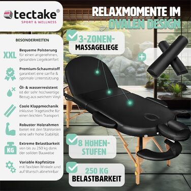 Складаний масажний стіл tectake 3-секційний, овальний, з товстою підкладкою, для масажу, косметології або тату, чорний, з чохлом для транспортування