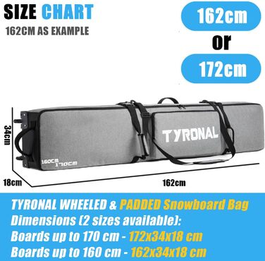 Чохол для сноуборду Tyronal з колесами, 160 см, міцний поліестер 600D, для одного сноуборду та черевиків