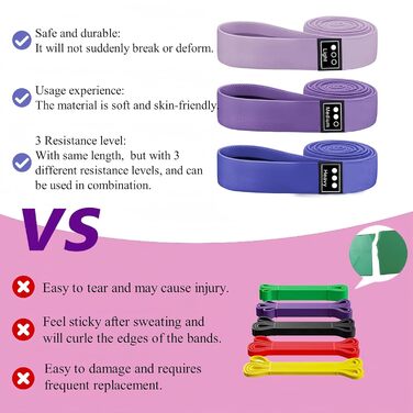 Набір еластичних стрічок для фітнесу 3шт, стрічки опору з 3 рівнями, фітнес-стрічки для жінок/чоловіків, силові тренування, йога, пілатес, фітнес (поступовий фіолетовий)