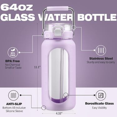 HYDRAGLAZIC 1900 мл пляшка для води з нержавіючої сталі та соломинкою, мотиваційна фляга з силіконовим чохлом і тайммаркером для контролю споживання води, фіолетова