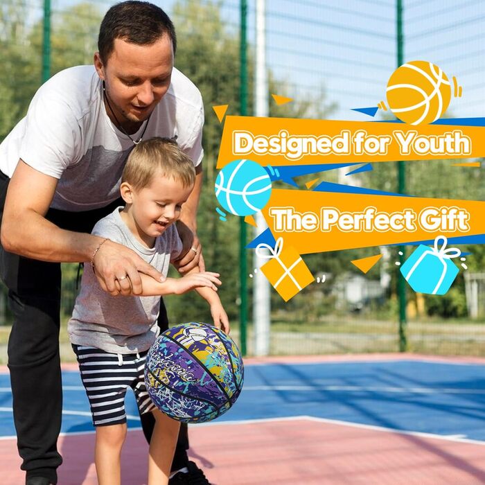 Баскетбольний м'яч Fantecia, розмір 5, з насосом. Ідеальний для вуличних тренувань, початківців, підлітків та дорослих. Матеріал: гума, дизайн: графіті