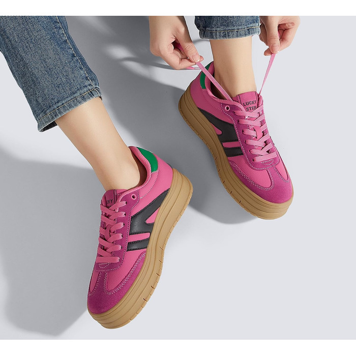Кросівки LUCKY STEP Plateau Sneaker для жінок - платформа, канвас, ретро стиль, низький профіль, комфортні для повсякденного носіння, бежево-зелені (36 EU, фуксія, чорний)