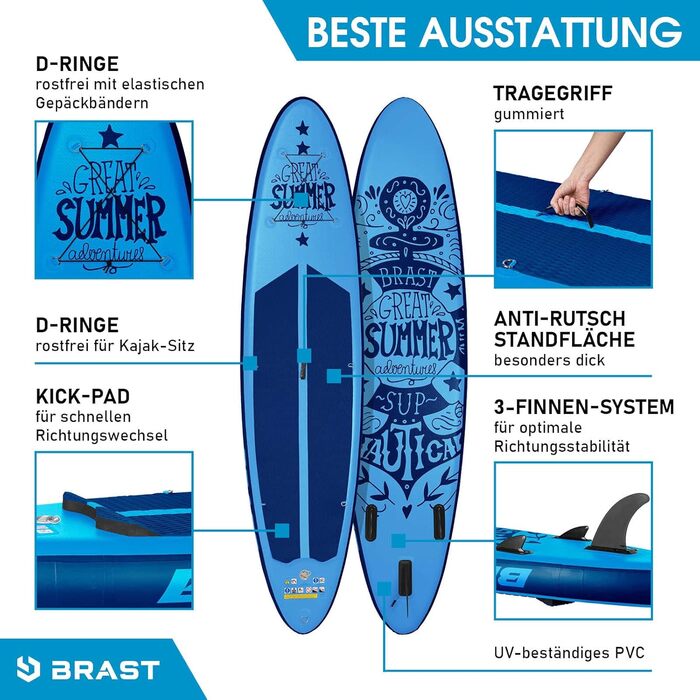 Надувна SUP-дошка BRAST Summer 320x81x15 см, комплект для сап-серфінгу з веслом 2-в-1, каяк-сидінням, кріпленням для екшн-камери, ременем на ногу, рюкзаком, 5 років гарантії