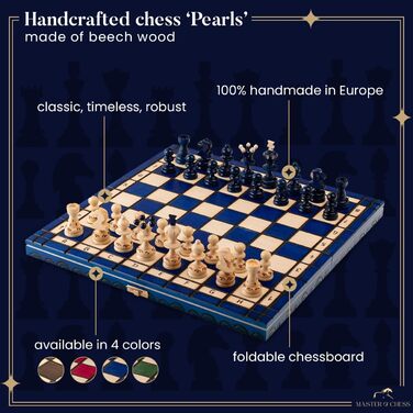 Шахова дошка дерев'яна преміум Master of Chess 35 см, зелена, складана, з фігурами, ручна робота, класичний шаховий набір