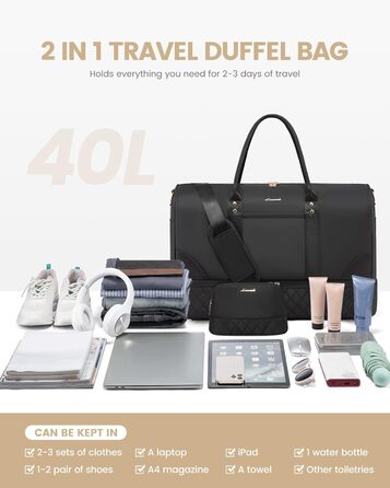 Сумка-мішок LOVEVOOK для жінок: дорожня/спортивна сумка-мішок з відділенням для взуття та мокрих речей, 2 шт. (40л, чорний)