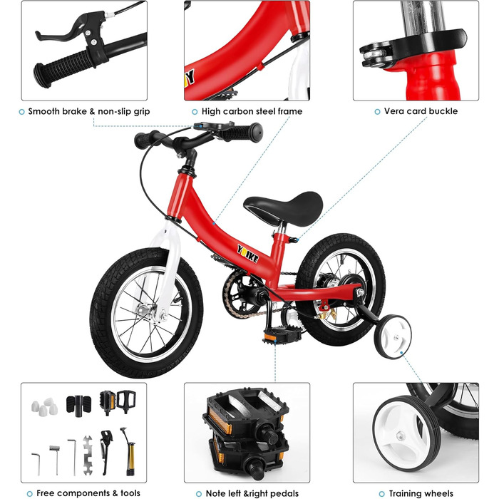 Дитячий велосипед YBIKE 2-в-1: біговел та велосипед, 12/14/16 дюймів, з гальмами та педалями, для дітей 1-7 років (червоний, 14 дюймів)
