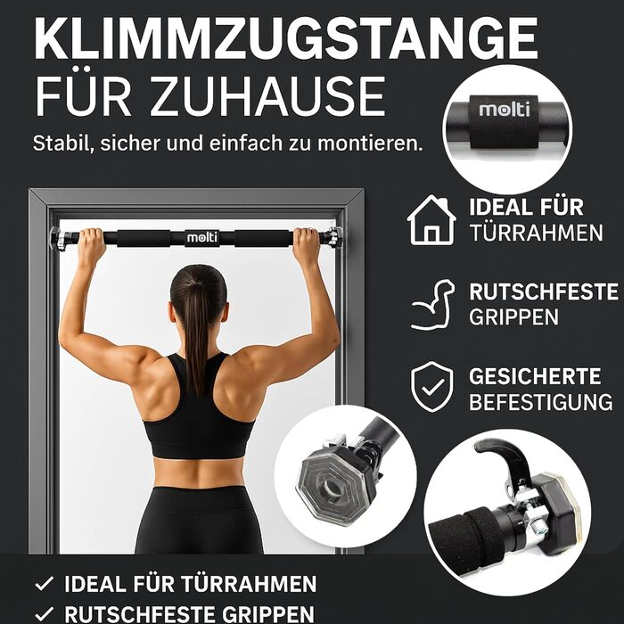Кімнатна турнік Klimmzugstange для дверного прорізу, регульований 63–100 см, монтаж без свердління, нековзкі ручки, витримує до 100 кг