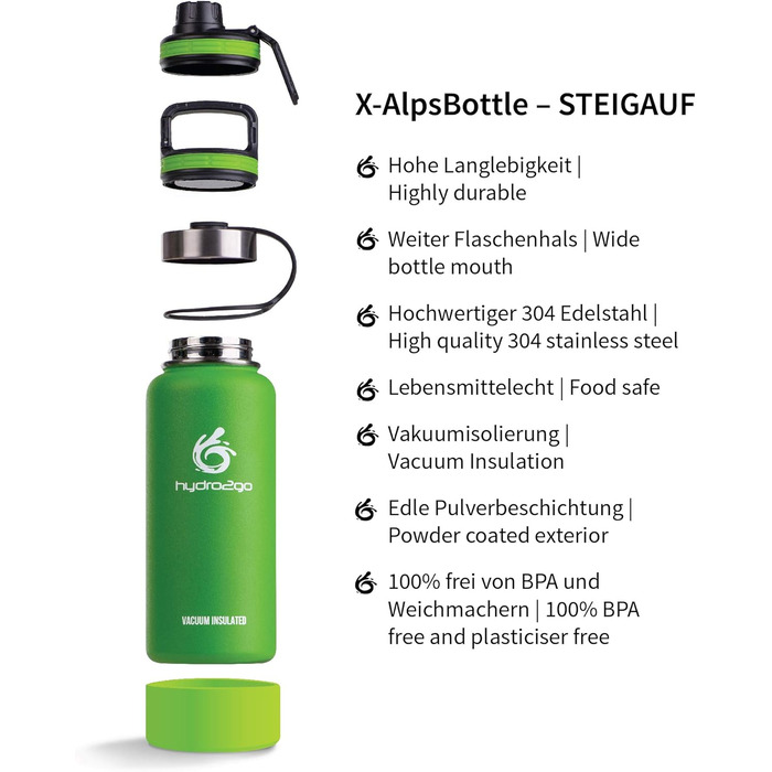 Гідрофляга hydro2go X-AlpsBottle 1 л, нержавіюча сталь, термос, вакуумна ізоляція, 3 кришки, для спорту та туризму, лаймова