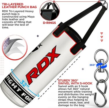 Боксерський мішок для дітей RDX, 60 см, комплект для кікбоксингу, боксу, MMA, карате, муай-тай. Шкіряний мішок Maya Hide, білий. Комплект з рукавичками та сумкою (3 шт.)