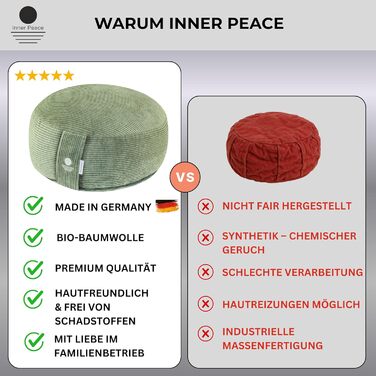 Йога подушка Inner Peace Round Cord 33 x 16 см XL для медитації | З био-бавовни та дінкової вати | Зроблено в Німеччині (світло-зелений)