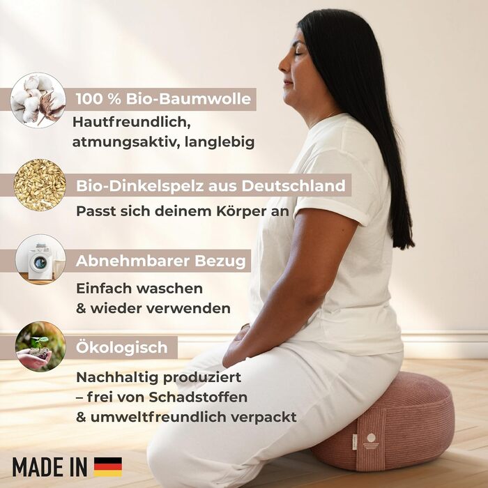 Йога подушка Inner Peace Round Cord 33x16 см XL | Подушка для медитації | Bio-Baumwolle та Bio-Dinkelfüllung | Йога подушка для сидіння | Зроблено в Німеччині (Calm Pink)