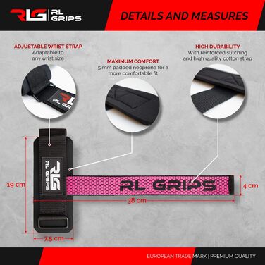 Лямки для тяги RL Grips для важкої атлетики та пауерліфтингу з захистом зап'ясть, допоміжні ручки для станової тяги та бодібілдингу (Рожеві)