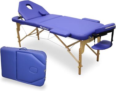 Складаний масажний стіл WELLCORE з дерева, 185x65 см, синій, екошкіра, регульована висота, відкидна спинка, отвір для обличчя, до 225 кг